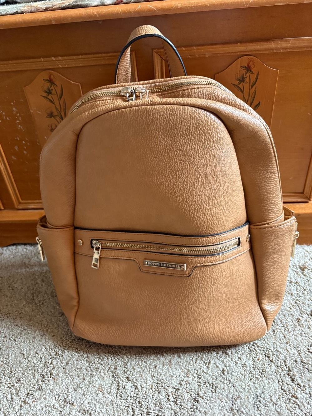 Poppy & Peonies Caramel/Tan Pebbled Leather Backpack with Gold Hardware